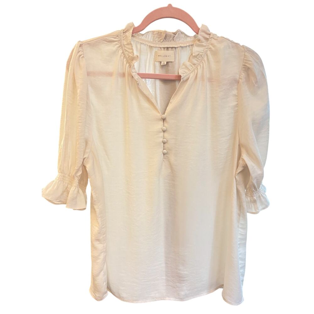 Melloday Ruffle Short Sleeve Ivory V-Neck Blouse Sz Lrg Covered Buttons Feminine